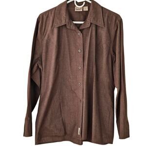 Ladies L button up brown long sleeve blouse shirt top preppy classic